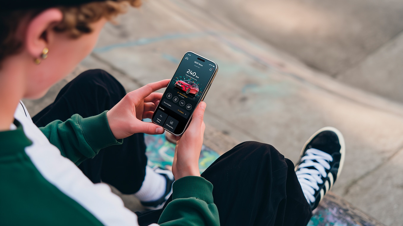 Osoba trzymająca smartfon i sprawdzająca system SEAT Connect.