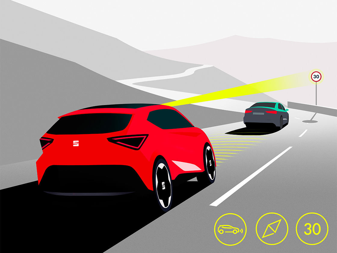 Ilustracja działania adaptacyjnego tempomatu w modelu SEAT Leon 5D.