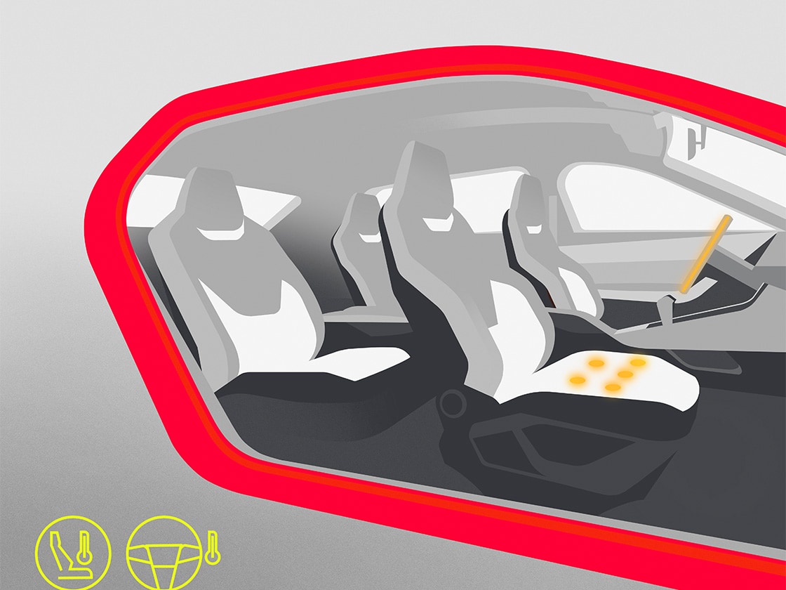 Ilustracja wnętrza SEAT Leon przedstawiająca podgrzewane fotele i kierownicę dostępne w Pakiecie zimowym.