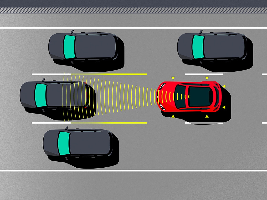 Ilustracja przedstawiająca działanie systemu Asystent jazdy w korku. Ta funkcja jest dostępna dla modelu SEAT Leon SP w ramach Pakietu wspomagania jazdy XL.