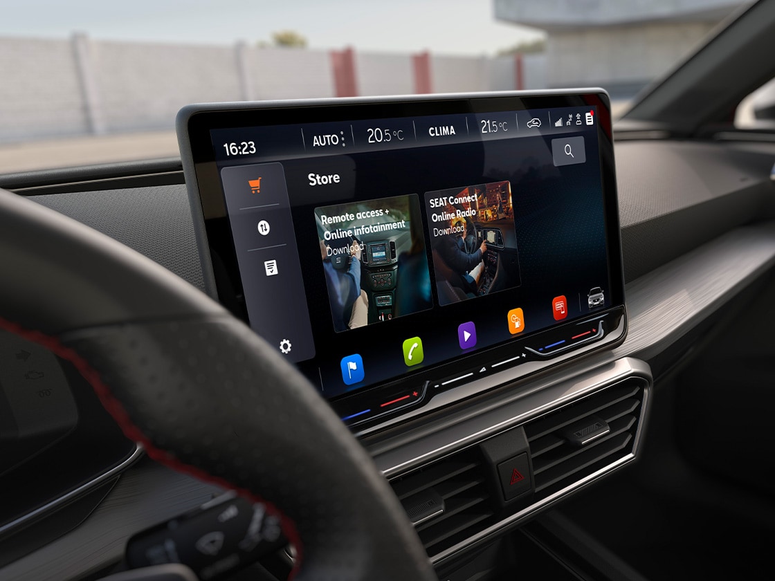 Wnętrze modelu SEAT Leon Sportstourer  z systemem nawigacji Navi System (ekran 12,9 cala) i funkcją SEAT CONNECT.