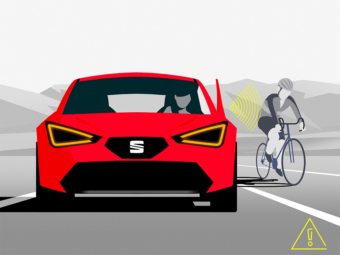 Ilustracja działania systemu monitorowania martwego pola Side Assist z funkcją ostrzegania o ruchu poprzecznym z tyłu Exit Assist w modelu SEAT Leon SP, ostrzegających kierowcę o pojazdach znajdujących się w martwym polu widzenia. wykrywanie pojazdów w martwym polu.