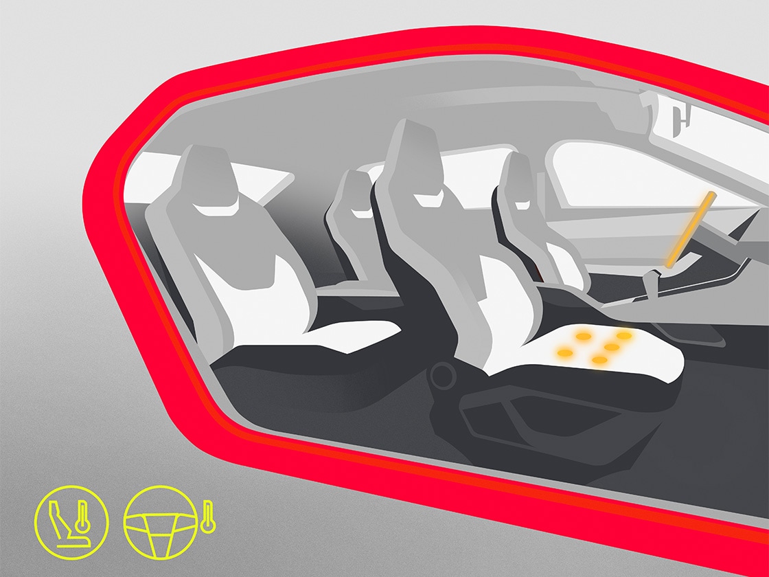 Ilustracja podgrzewanych foteli i kierownicy w SEAT-cie Leon, dostępnych w pakiecie zimowym. Dostępne w wersji Sportstourer.