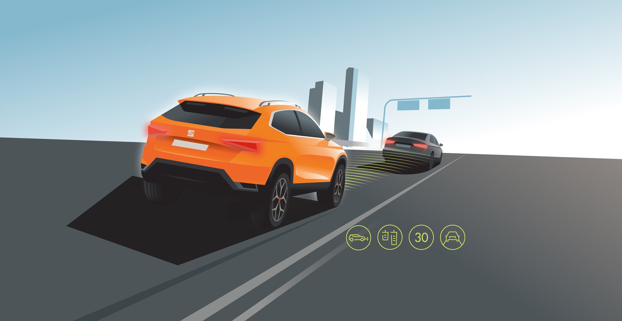 Ilustracja działania aktywnego tempomatu ACC SEAT-a Ateca