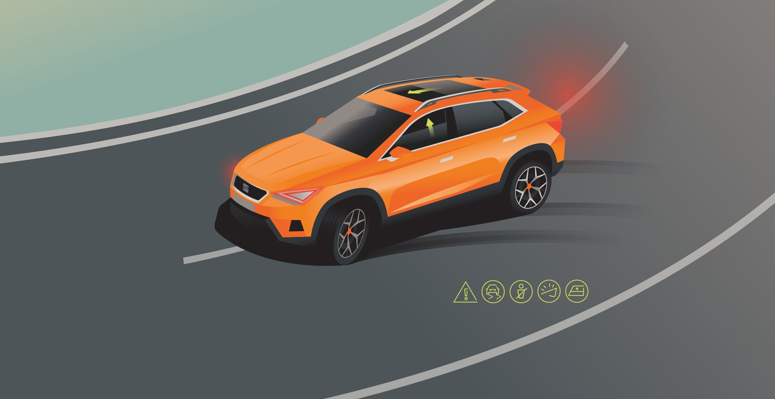 Ilustracja przedstawiająca działanie funkcji bezpieczeństwa systemu Pre-Crash Assist SEAT-a Ateca