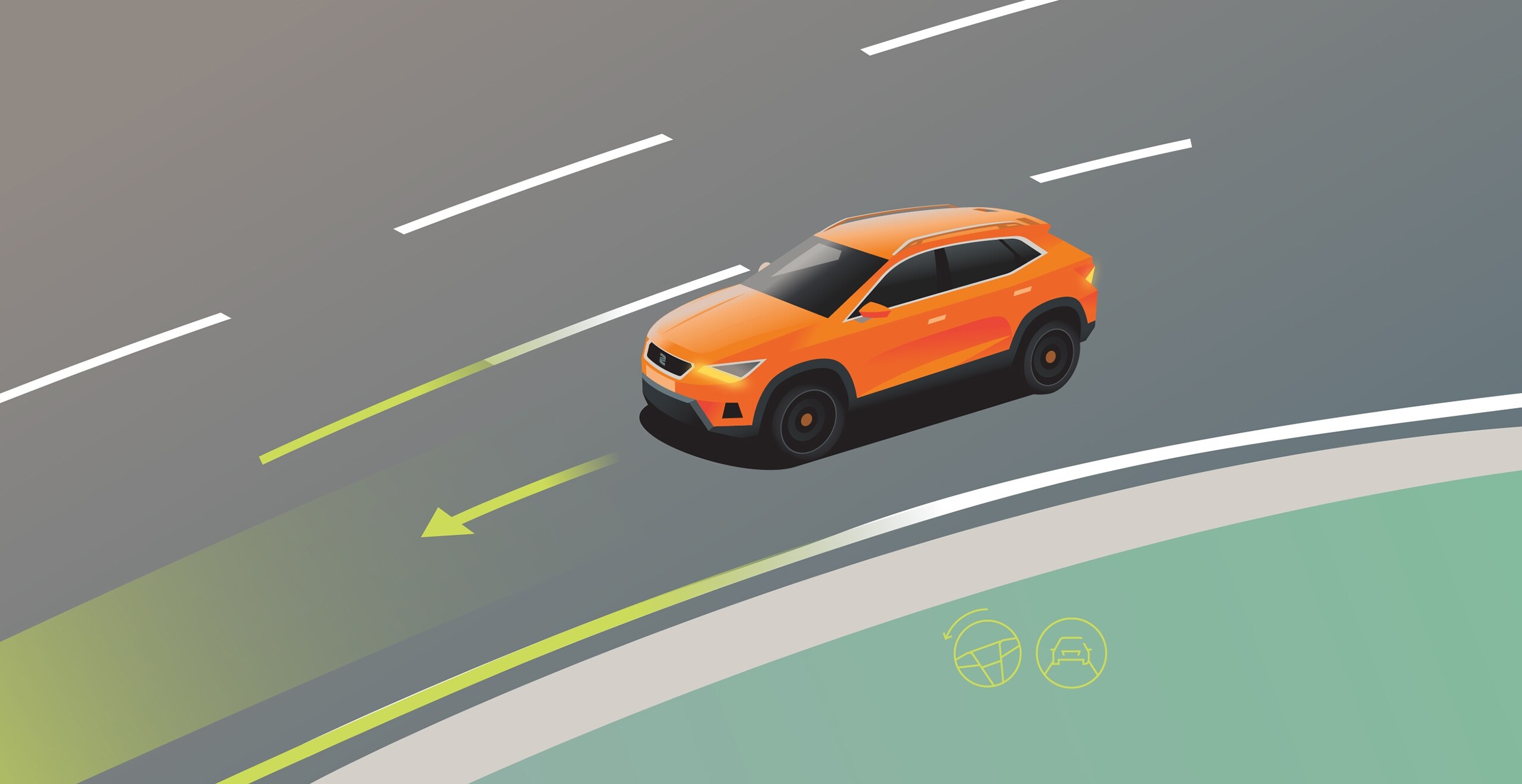 Ilustracja przedstawiająca działanie funkcji bezpieczeństwa systemu Travel Assist SEAT-a Ateca