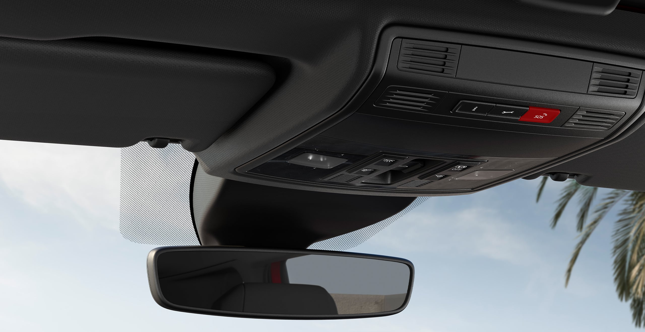 widok wnętrza SEAT-a Ibiza z lusterkiem wstecznym
