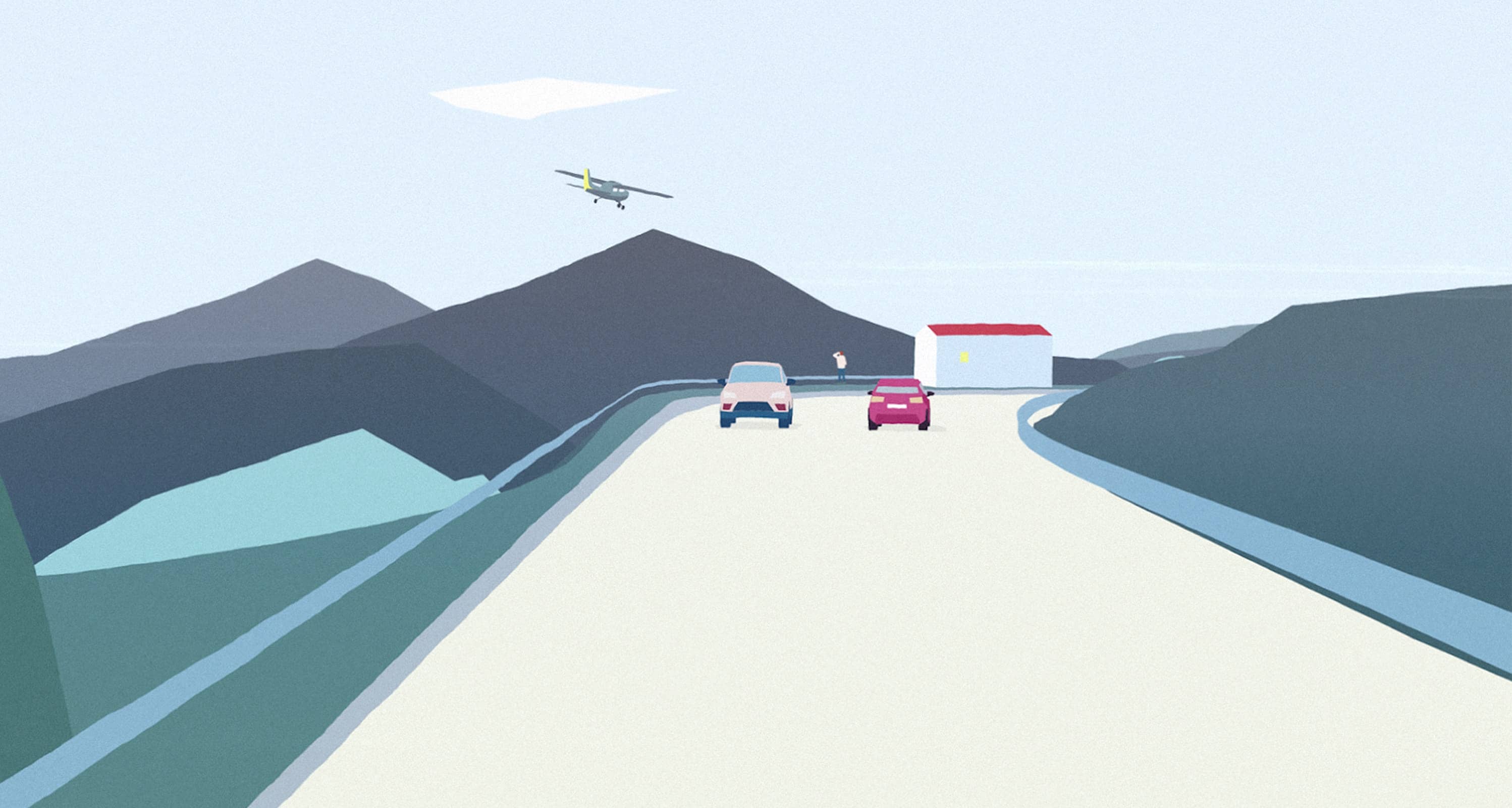 Animowany obrazek jadących samochód w górach