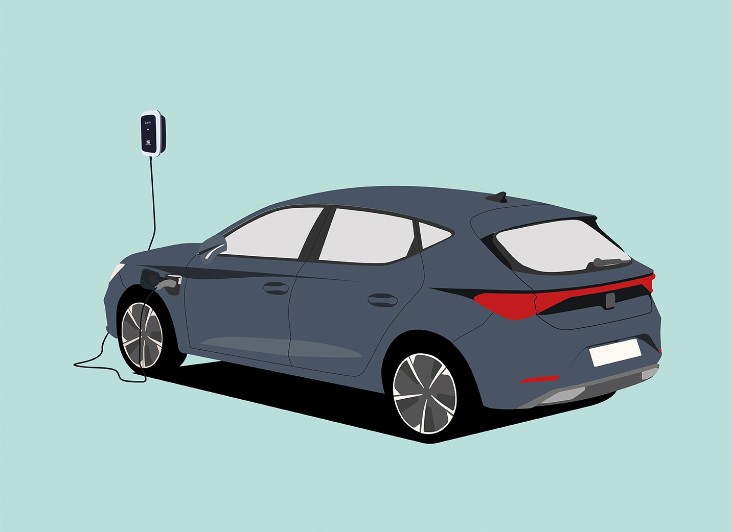 SEAT Leon e-HYBRID podłączony do ładowarki SEAT Connect lub Pro podczas procesu ładowania.